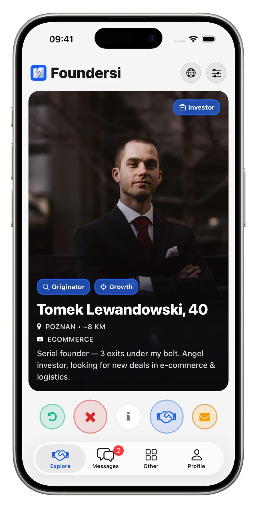 Foundersi app screen for discovering founder profiles