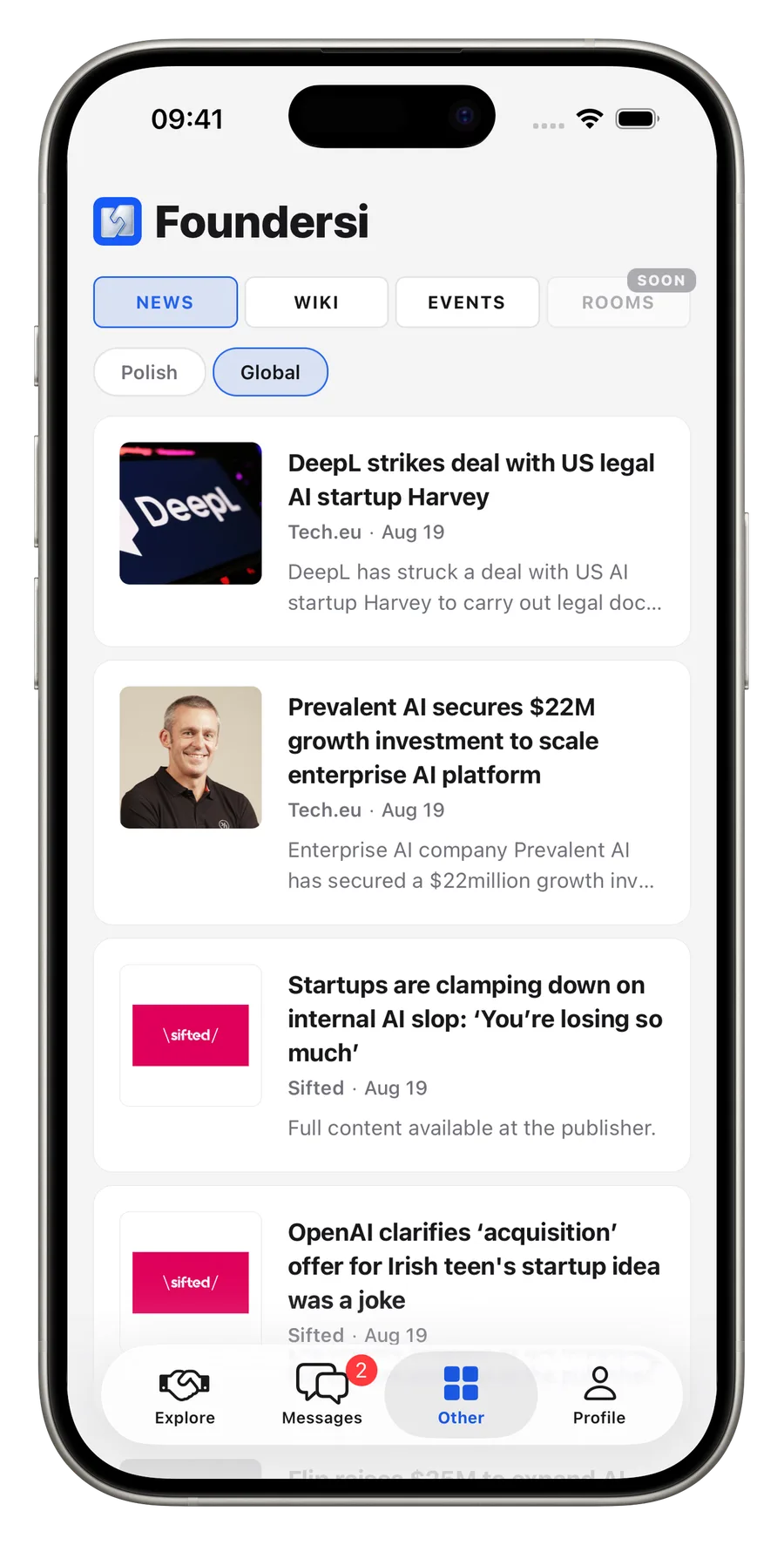 News and events section in the Foundersi app