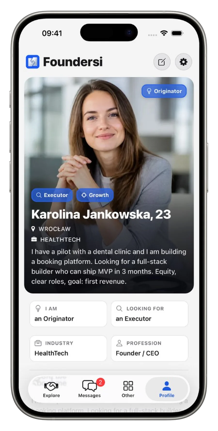 User profile screen in the Foundersi app