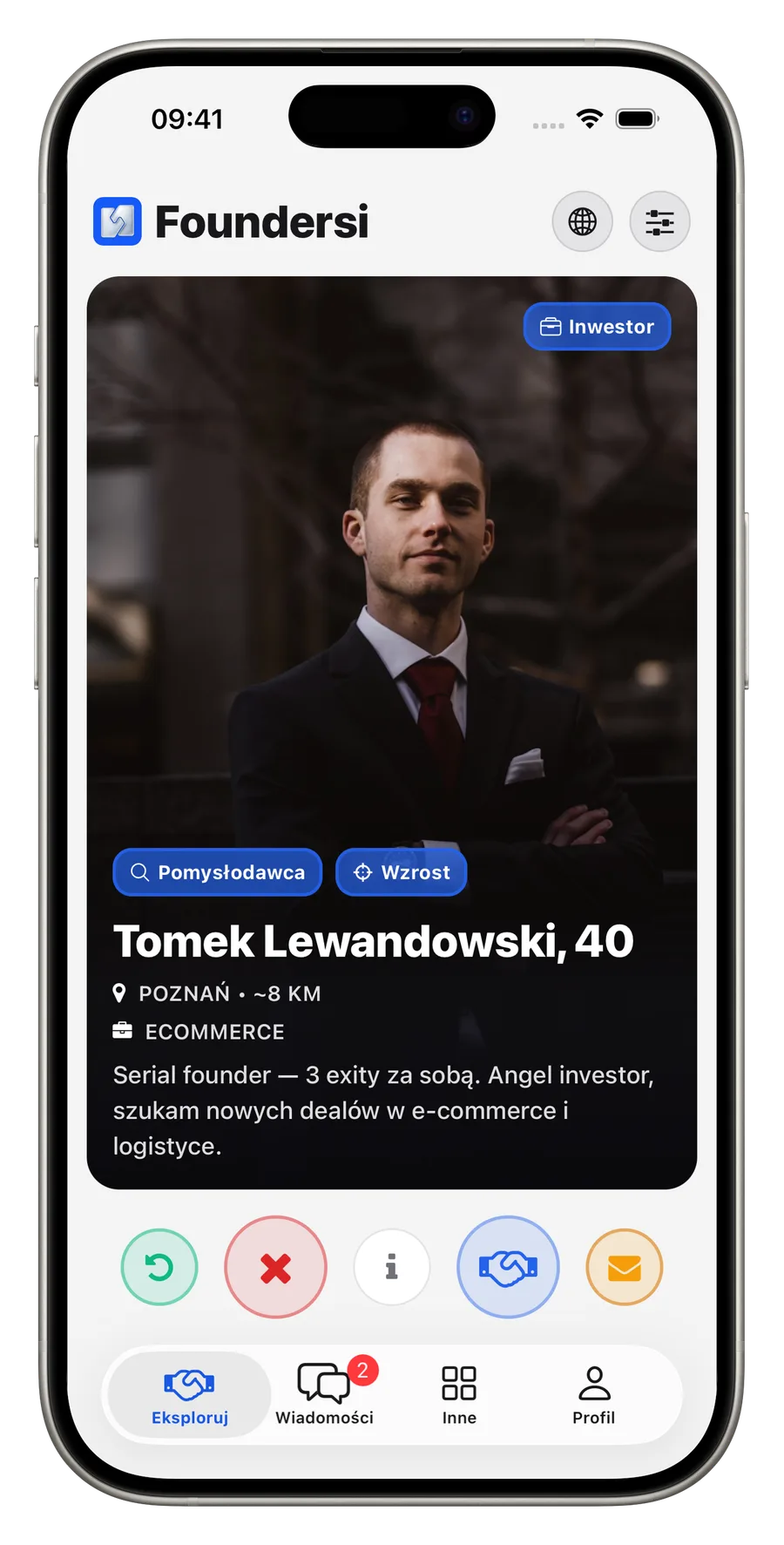 Ekran odkrywania profili founderów w aplikacji