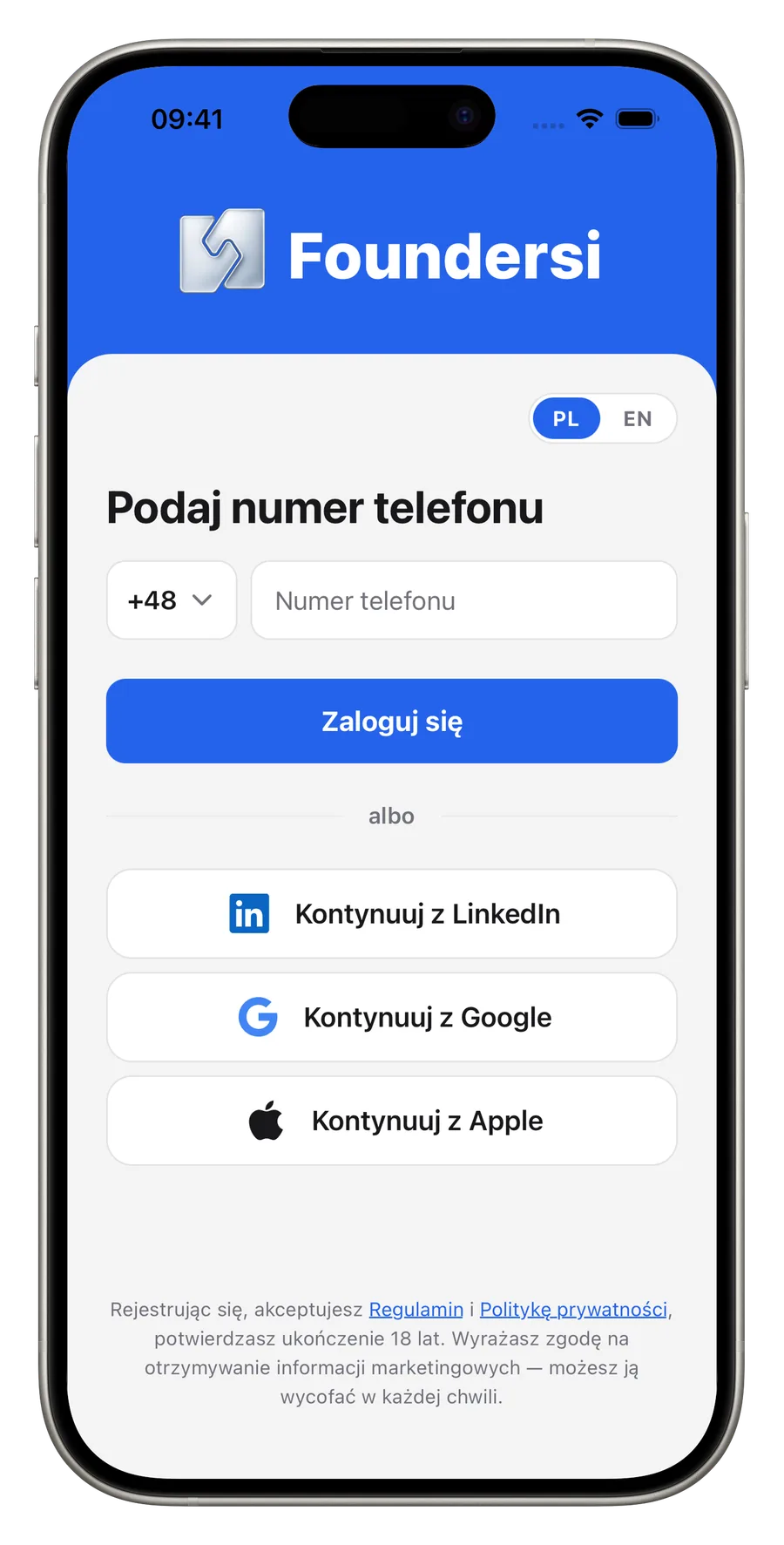 Ekran logowania do aplikacji Foundersi