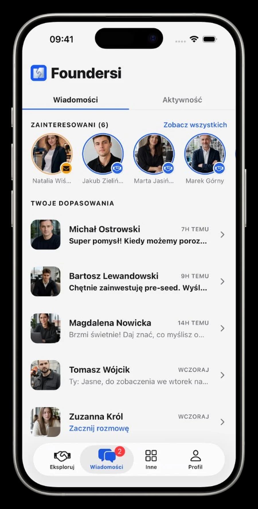 Lista wiadomości w aplikacji Foundersi