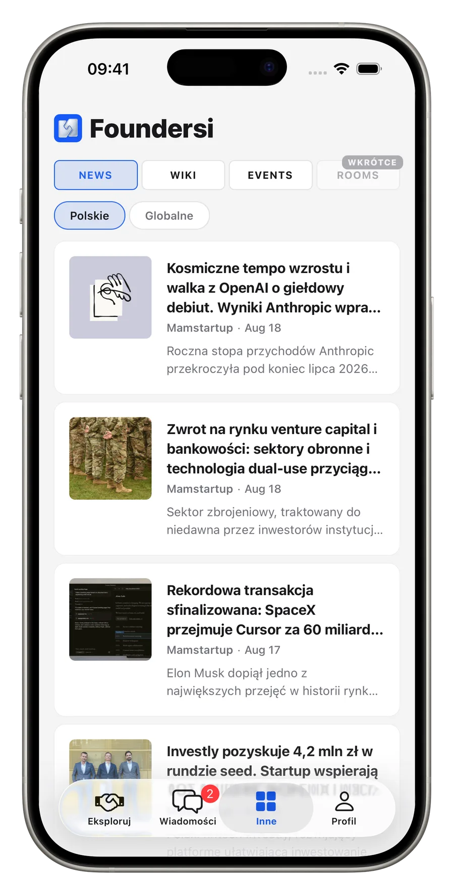 Sekcja aktualności i wydarzeń w aplikacji Foundersi