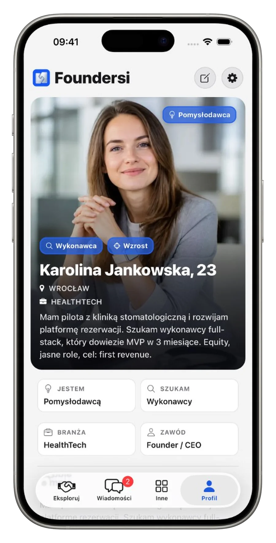 Profil użytkownika w aplikacji Foundersi